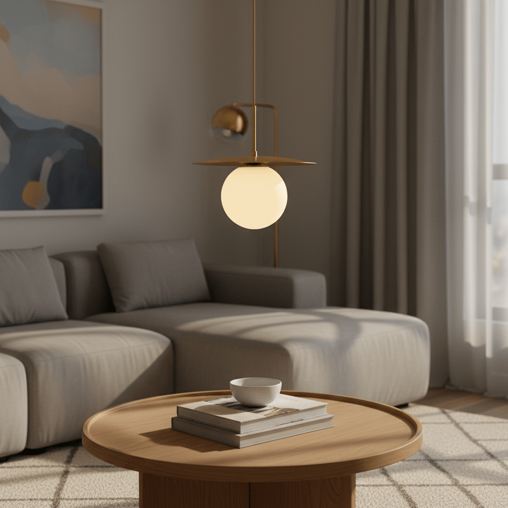 Catalina Single Gold Pendant Light hanging above a wooden coffee table with books and a bowl, in a modern living room.