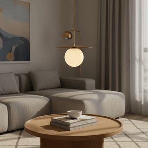 Catalina Single Gold Pendant Light hanging above a wooden coffee table with books and a bowl, in a modern living room.