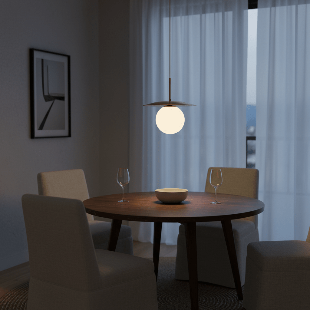 Catalina Single Gold Pendant Light hanging above a round wooden dining table with two chairs and a bowl.