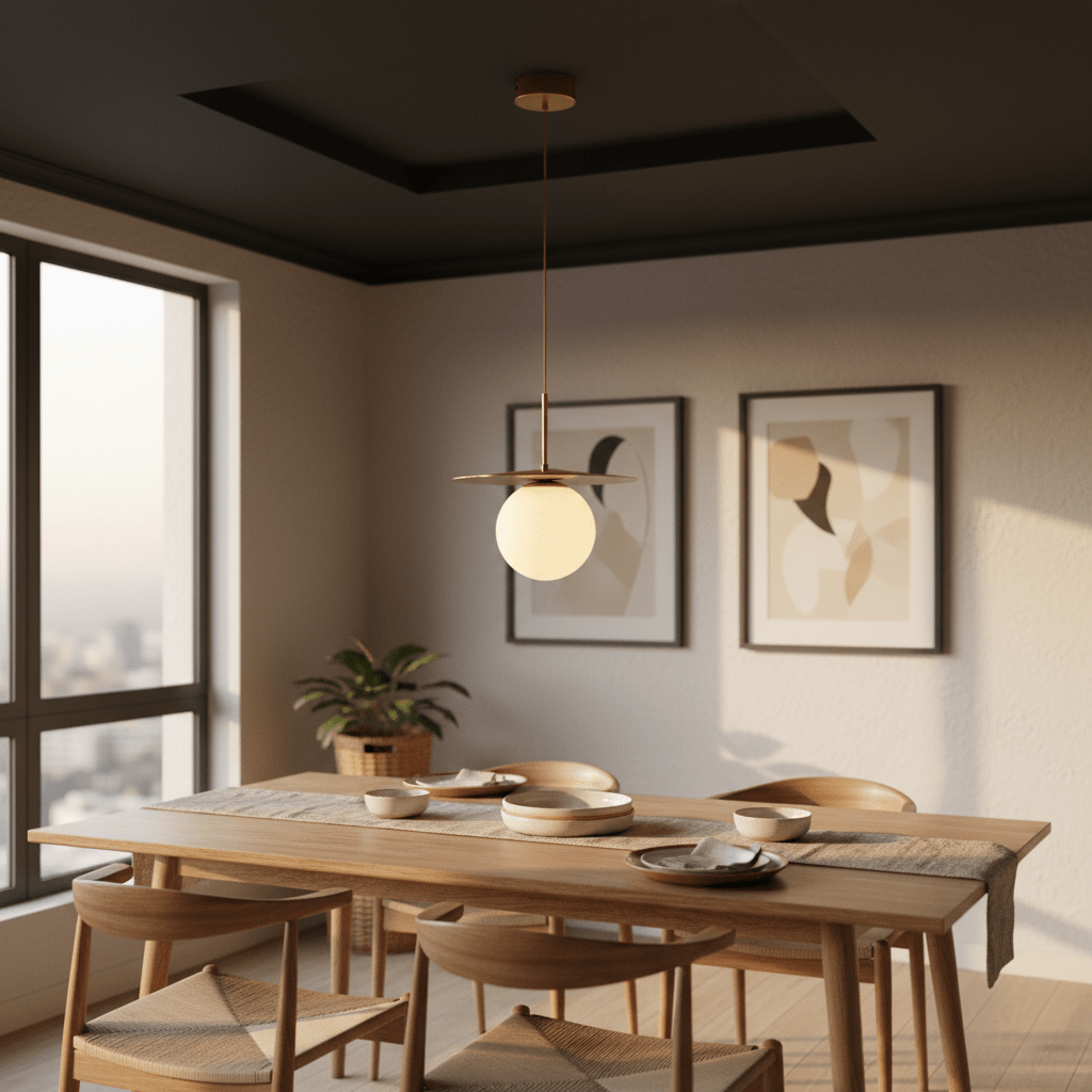 Catalina Single Gold Pendant Light hanging above a wooden dining table with plates and a plant in a modern setting.