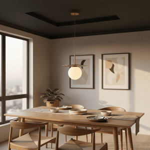 Catalina Single Gold Pendant Light hanging above a wooden dining table with plates and a plant in a modern setting.