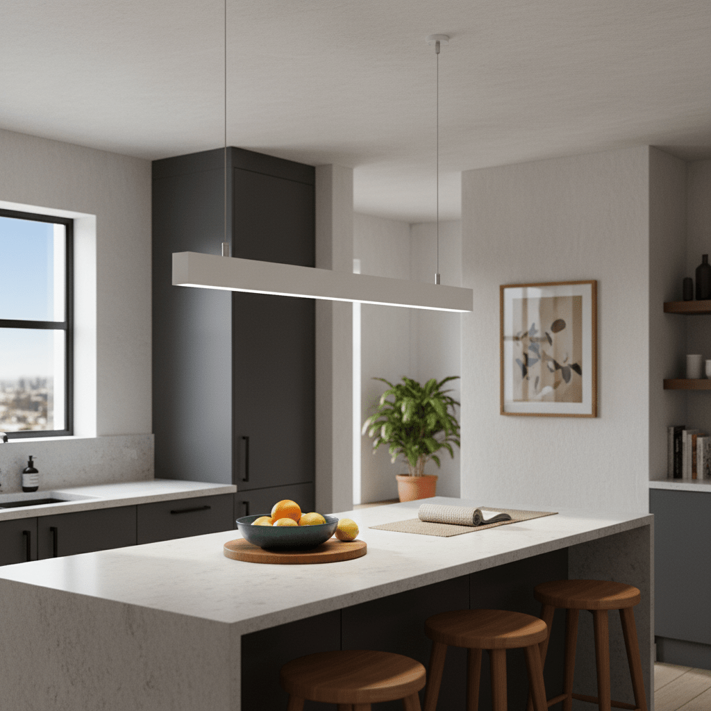 Suspended linear light pendant above a kitchen island with a bowl of fruit and wooden stools.