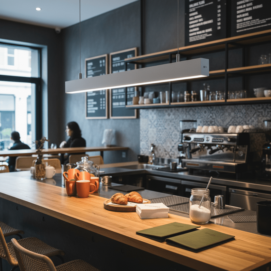 Suspended linear pendant light illuminating a modern café counter with pastries and coffee mugs.