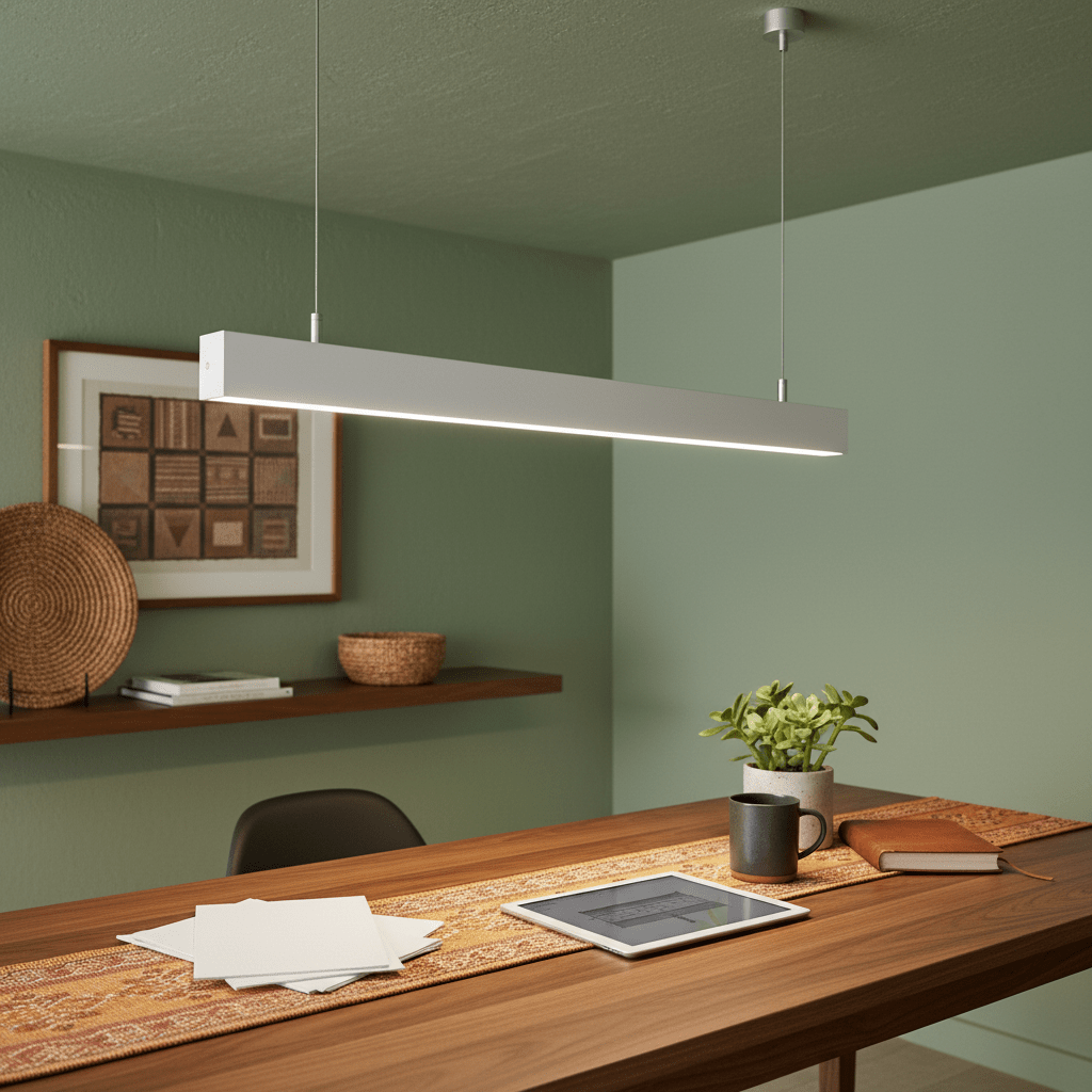 Suspended linear pendant light above a wooden table with a plant, tablet, and decorative items.