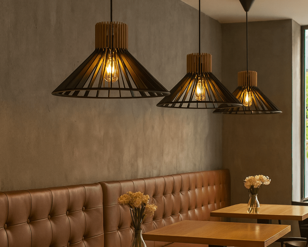 Dining area with wooden tables, leather booths, and pendant lights.