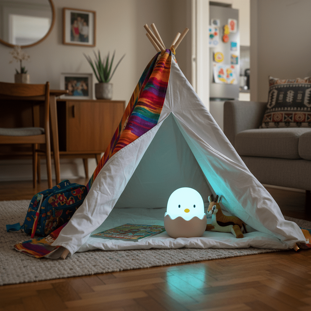 Glowing egg-shaped kids night light inside a play tent with a toy, book, and living room background.