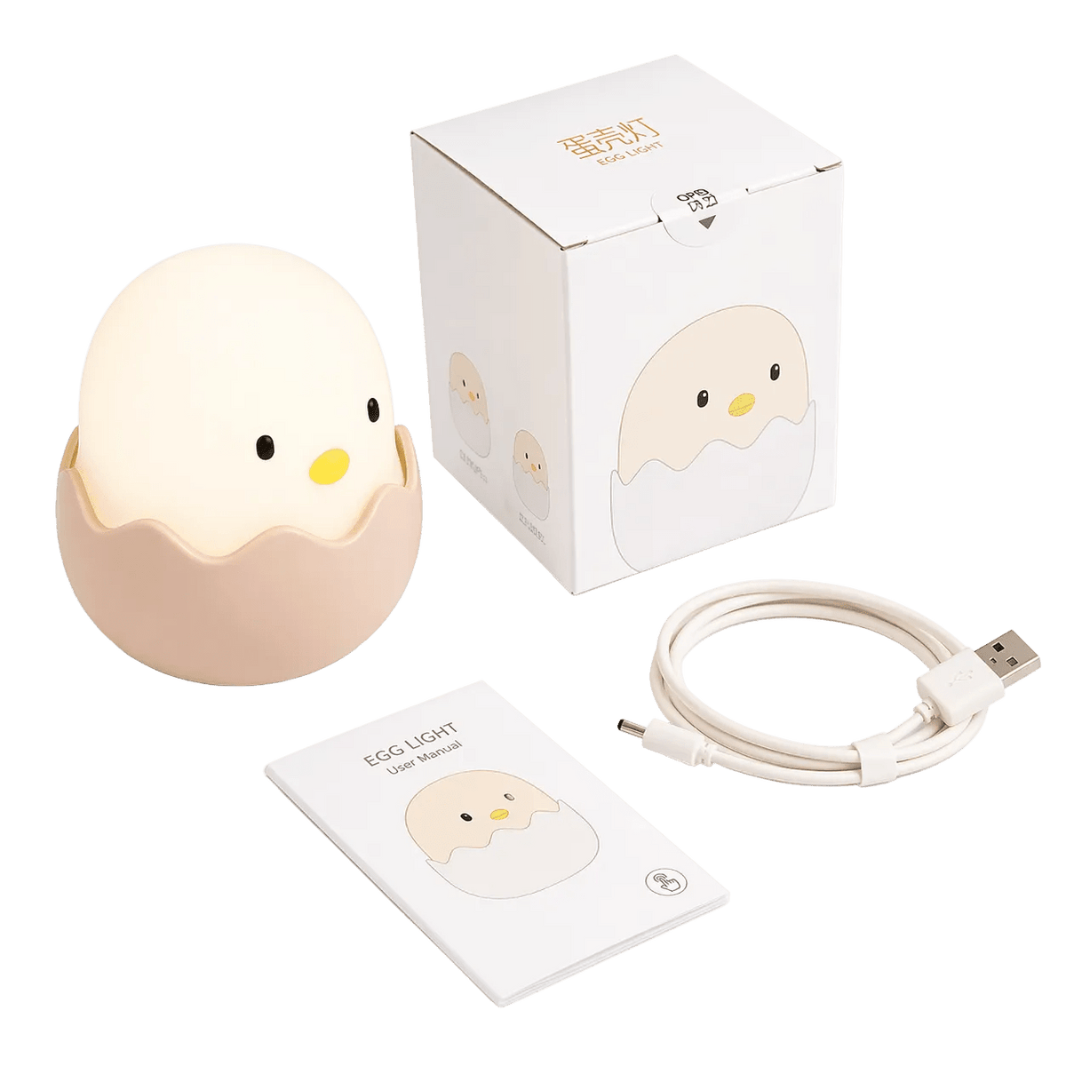 A soft, egg-shaped night light with a smiling face, placed next to a user manual and USB charging cable, all on a white background.