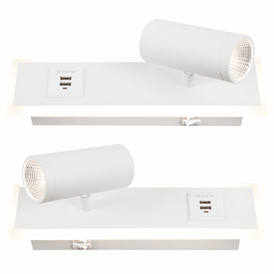 Modern LED bedside wall lights in white, featuring adjustable reading beams and USB ports.