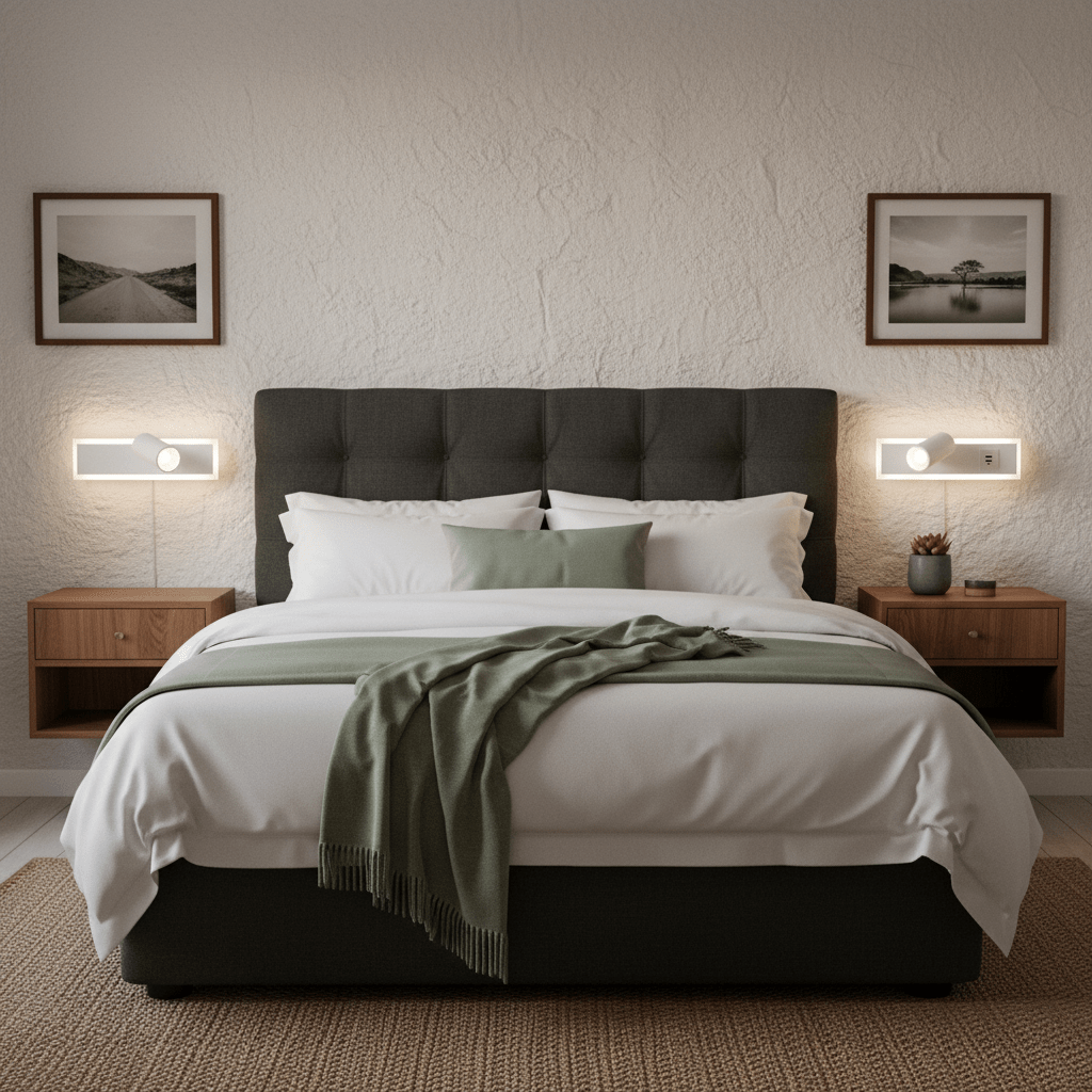 Modern bedroom featuring a neatly made bed with LED wall lights mounted on either side, providing ambient and task lighting.