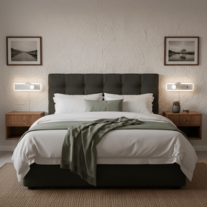 Modern bedroom featuring a neatly made bed with LED wall lights mounted on either side, providing ambient and task lighting.