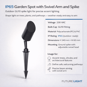 Close-up of an IP65 garden spike light with adjustable swivel arm and spike base, showcasing its design and features.