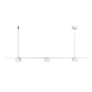 White linear pendant light with three dome shades suspended from a horizontal bar