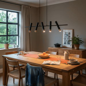 Modern 5 light LED pendant in black and gold above a wooden dining table set with dishes and fruit.