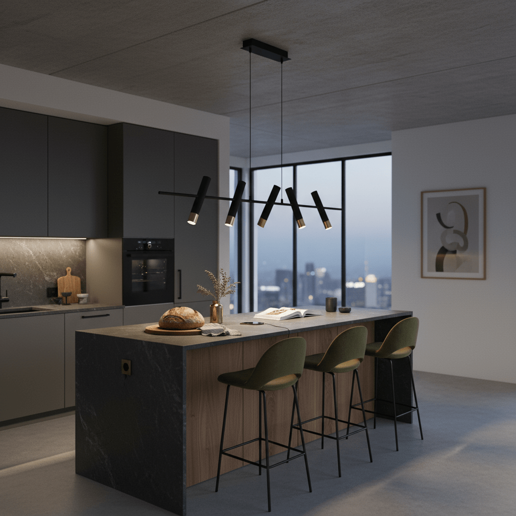 Modern 5 light LED pendant in black and gold above a kitchen island with a loaf of bread and decorative items.