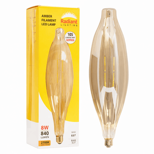Radiant Lighting amber filament LED lamp with packaging on a white background