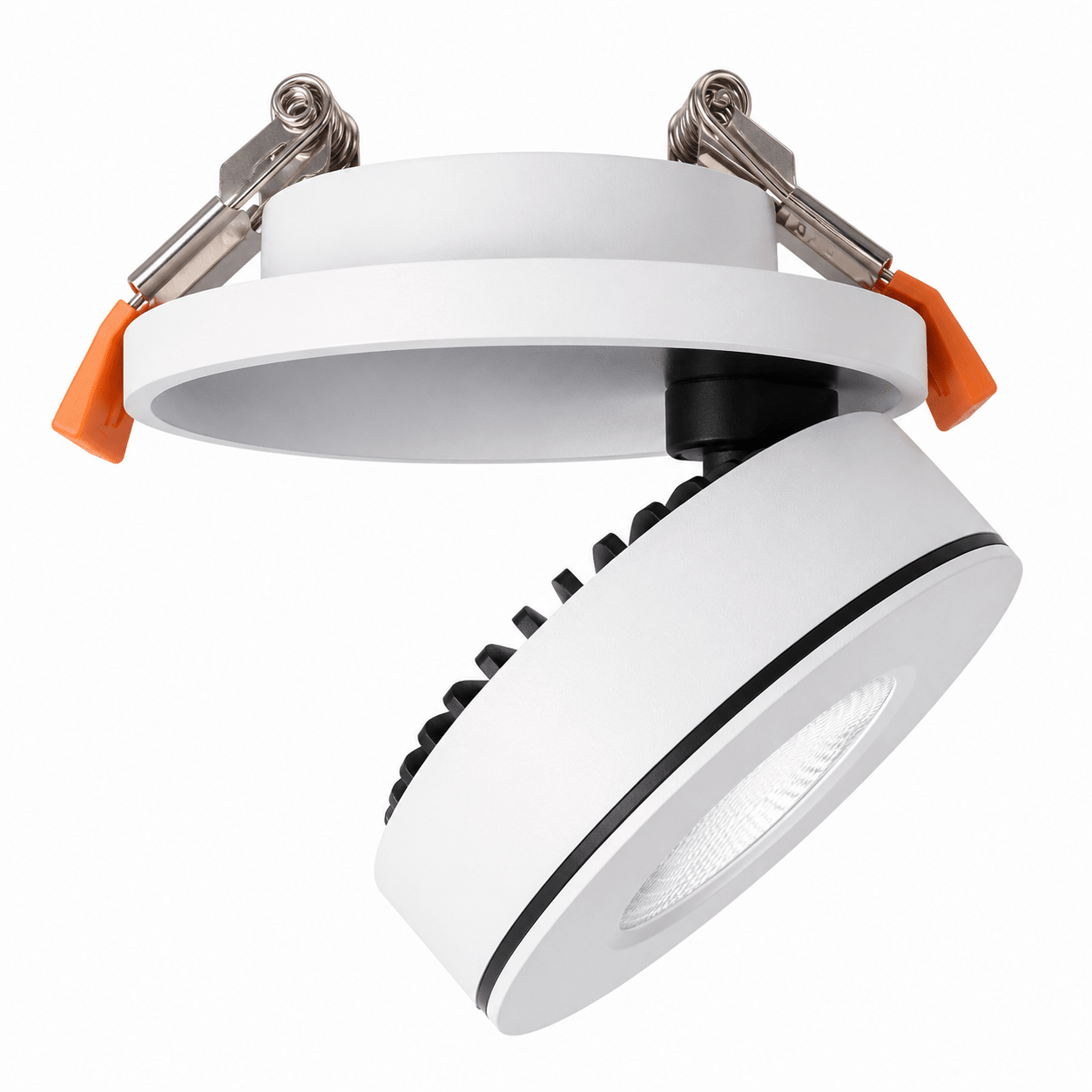Adjustable LED downlight with a white finish and tilting head for focused lighting.