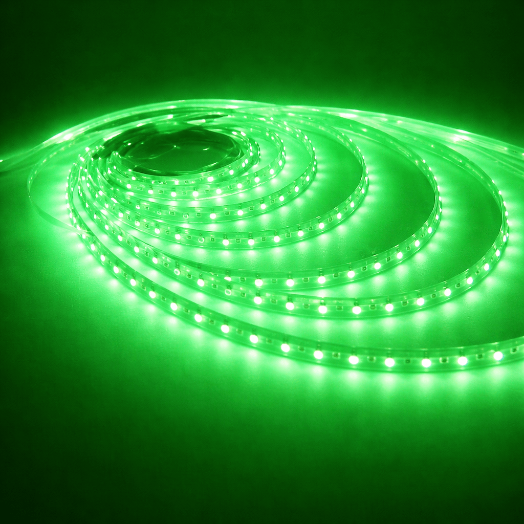 Green LED strip light coiled on a dark background