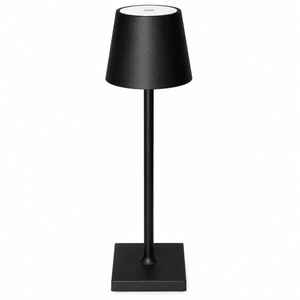 Compact black rechargeable table lamp with a modern design, featuring a tapered shade and sturdy base.
