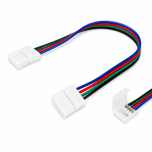 Detail view of solderless LED strip light connectors with multiple wires and connectors for easy installation.