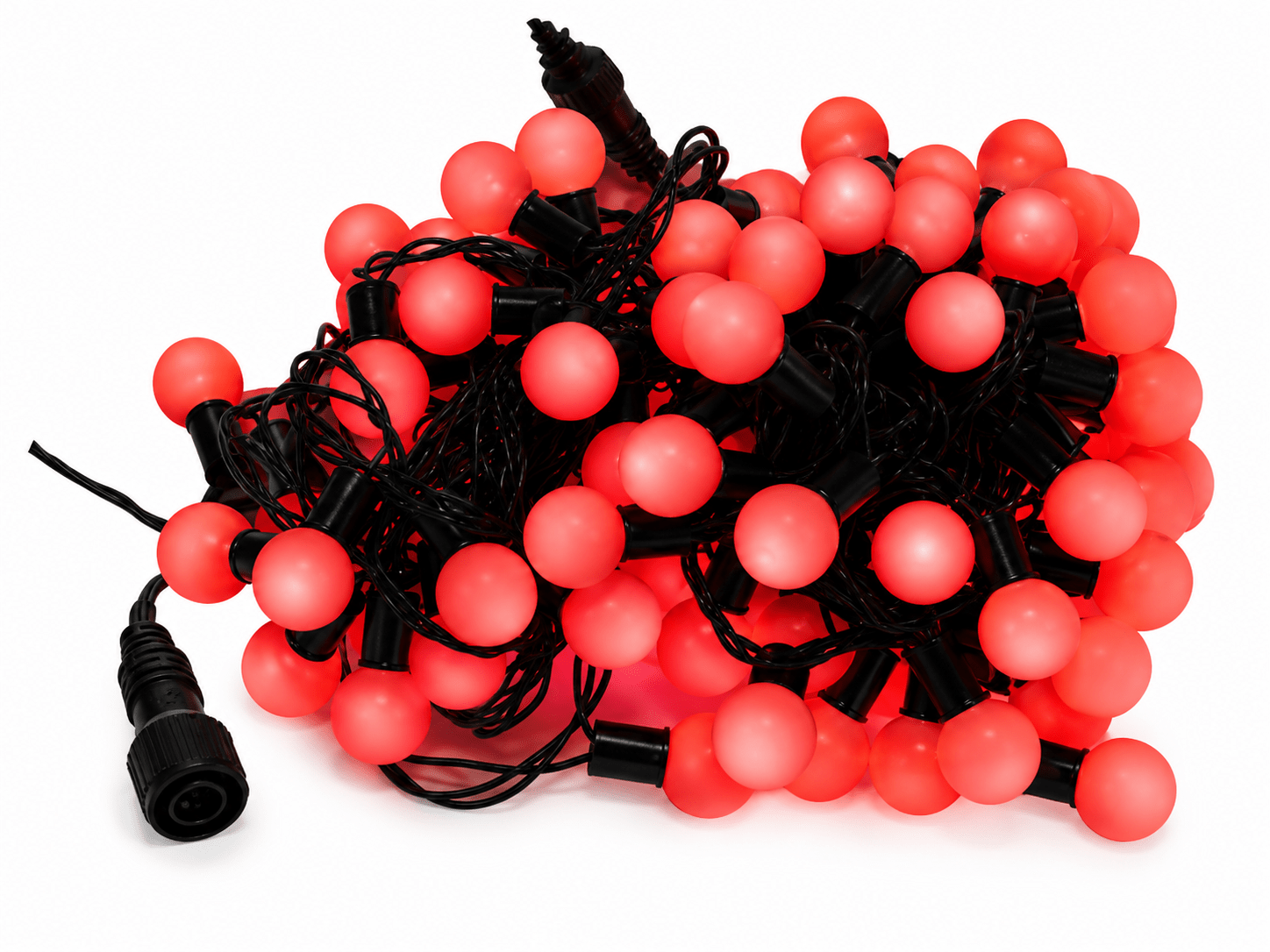 Connectable LED ball string lights with red bulbs on a black wire, coiled together.