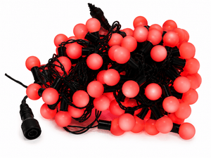 Connectable LED ball string lights with red bulbs on a black wire, coiled together.