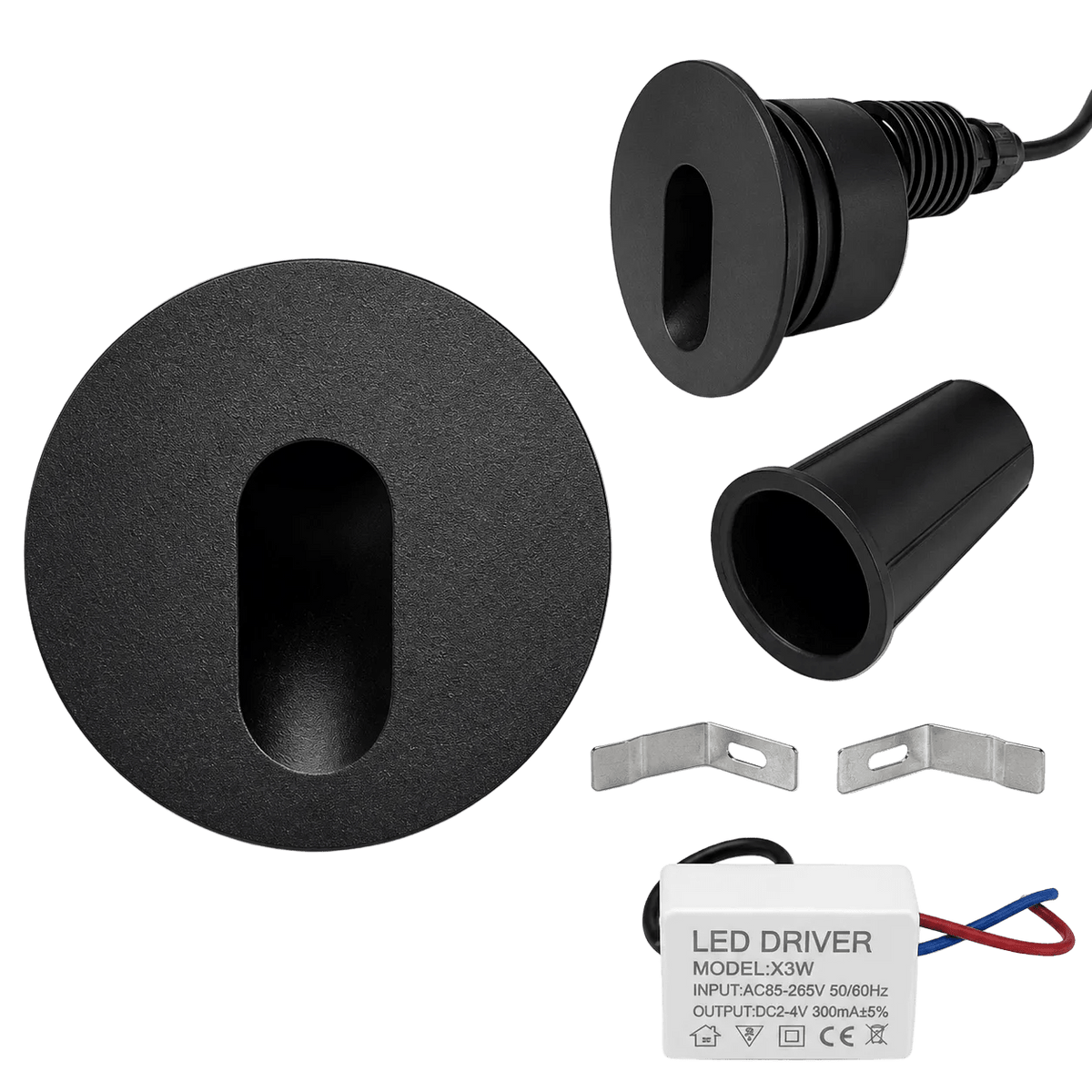 3W LED Round Recessed Step Light components including light housing, driver, and installation clips.