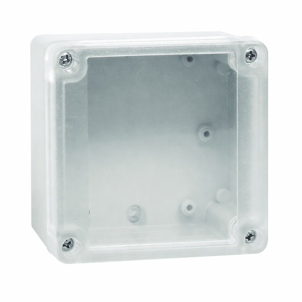 Clear plastic box with screws on a white background