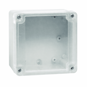 Clear plastic box with screws on a white background