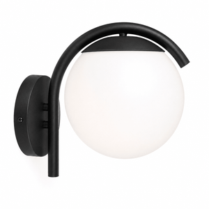 Black outdoor wall light with opal dome, mounted on a wall, providing soft general lighting.