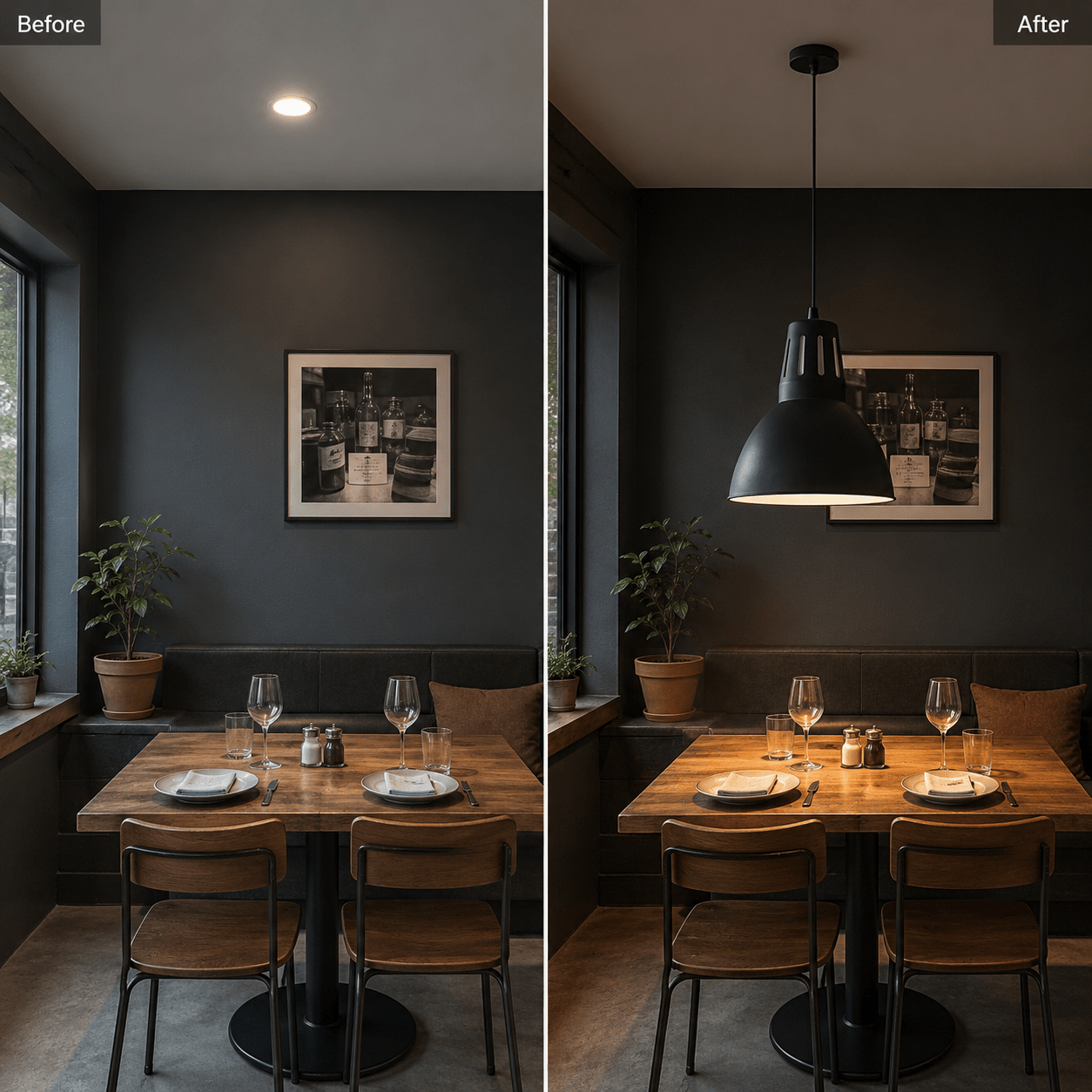 Before and after comparison of a dining area with a pendant light, showcasing improved ambiance.