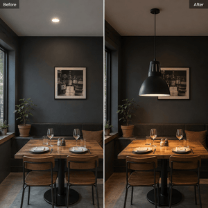Before and after comparison of a dining area with a pendant light, showcasing improved ambiance.