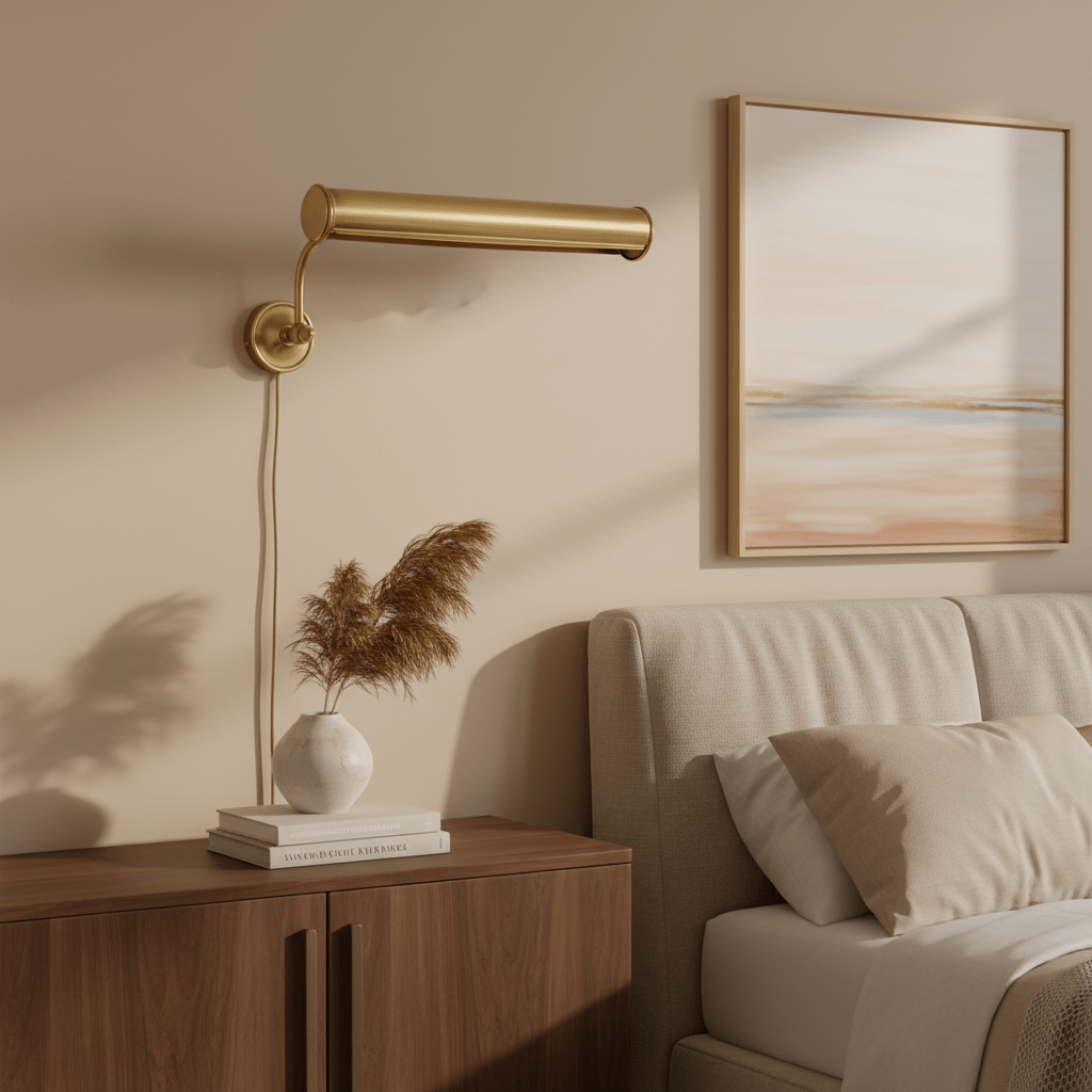Solid brass wall lamp mounted above a bedside table with decorative vase and artwork.