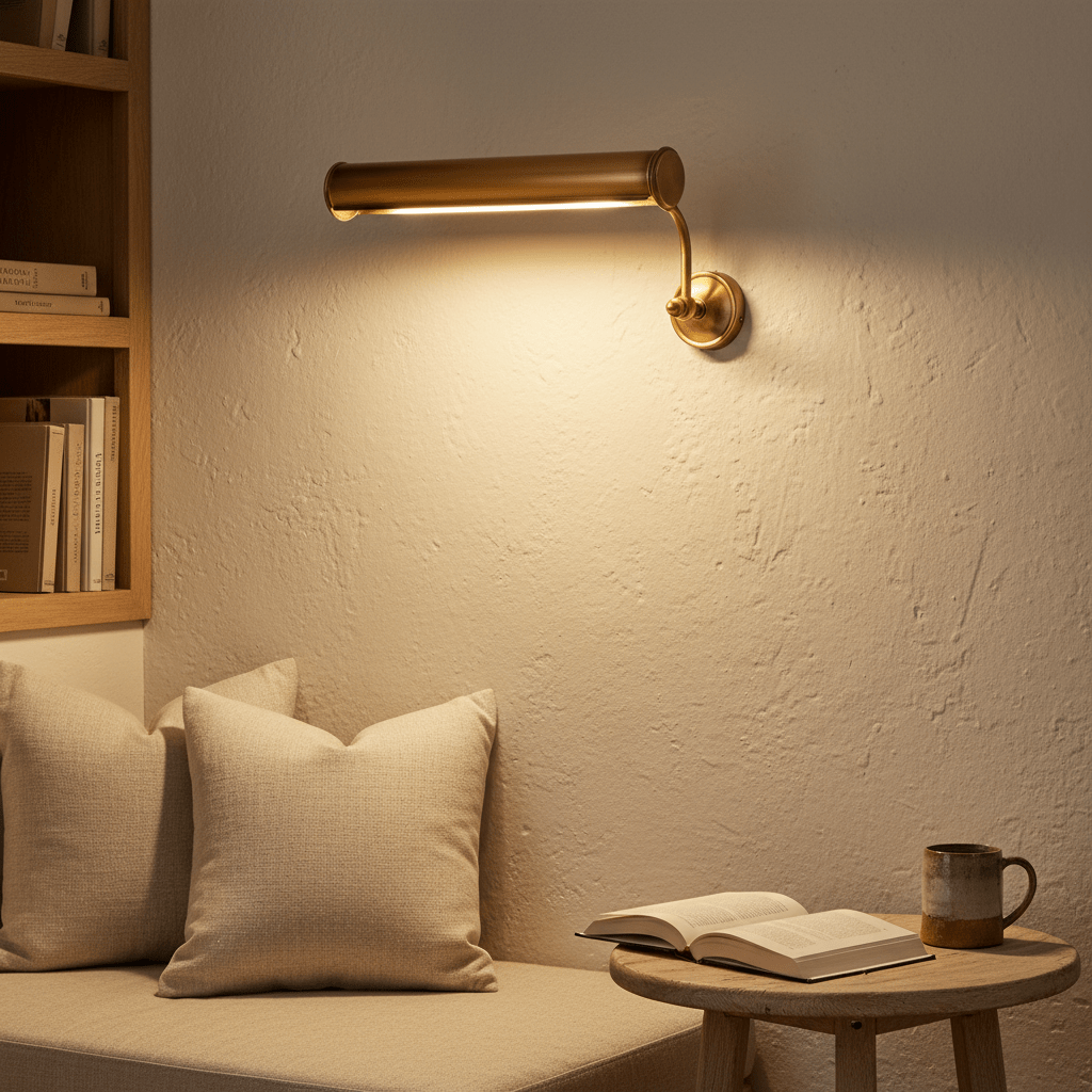 Solid brass wall lamp illuminating a cozy reading nook with pillows and a book on a table.