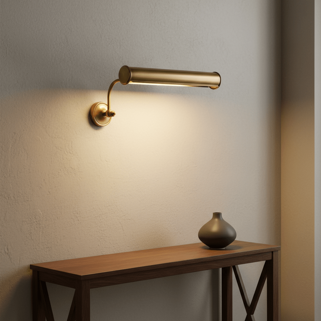 Solid brass wall lamp illuminating a textured wall above a wooden console table with a decorative vase.