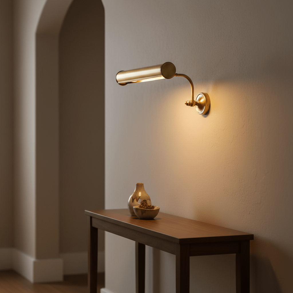 Solid brass wall lamp illuminating a wall above a wooden console table with decorative items.