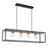 Black rectangular pendant light fixture with four glass shades on a white background