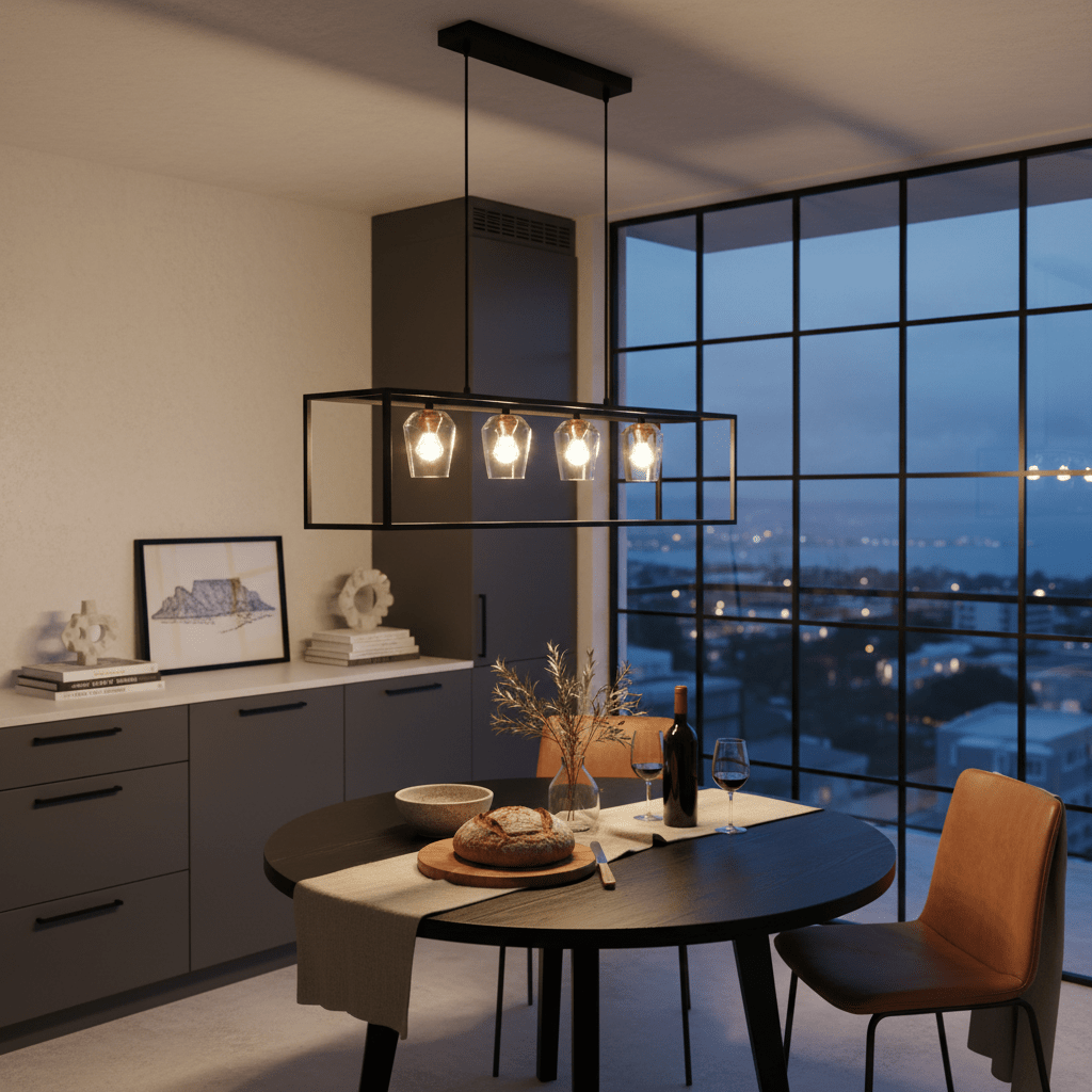 Modern dining room with a round table, chairs, and a large window view.