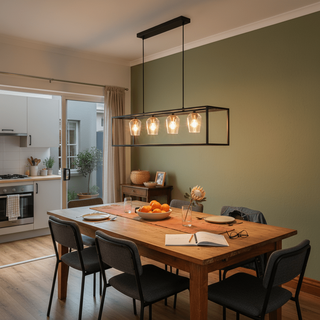Dining room with a wooden table, chairs, and a modern pendant light fixture.