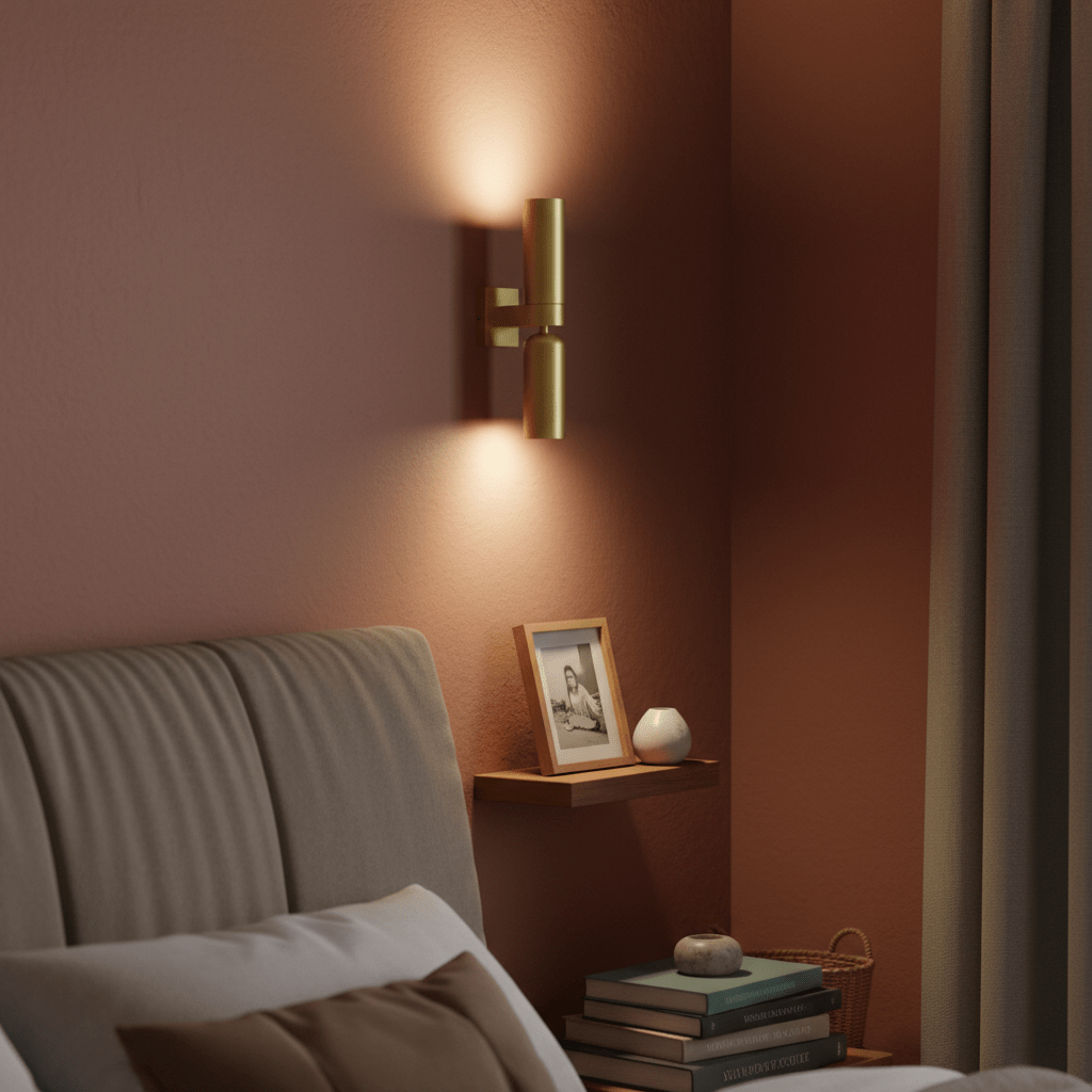 Banyan Gold Up & Down Wall Light mounted beside a bed, illuminating a cozy reading nook with warm light.