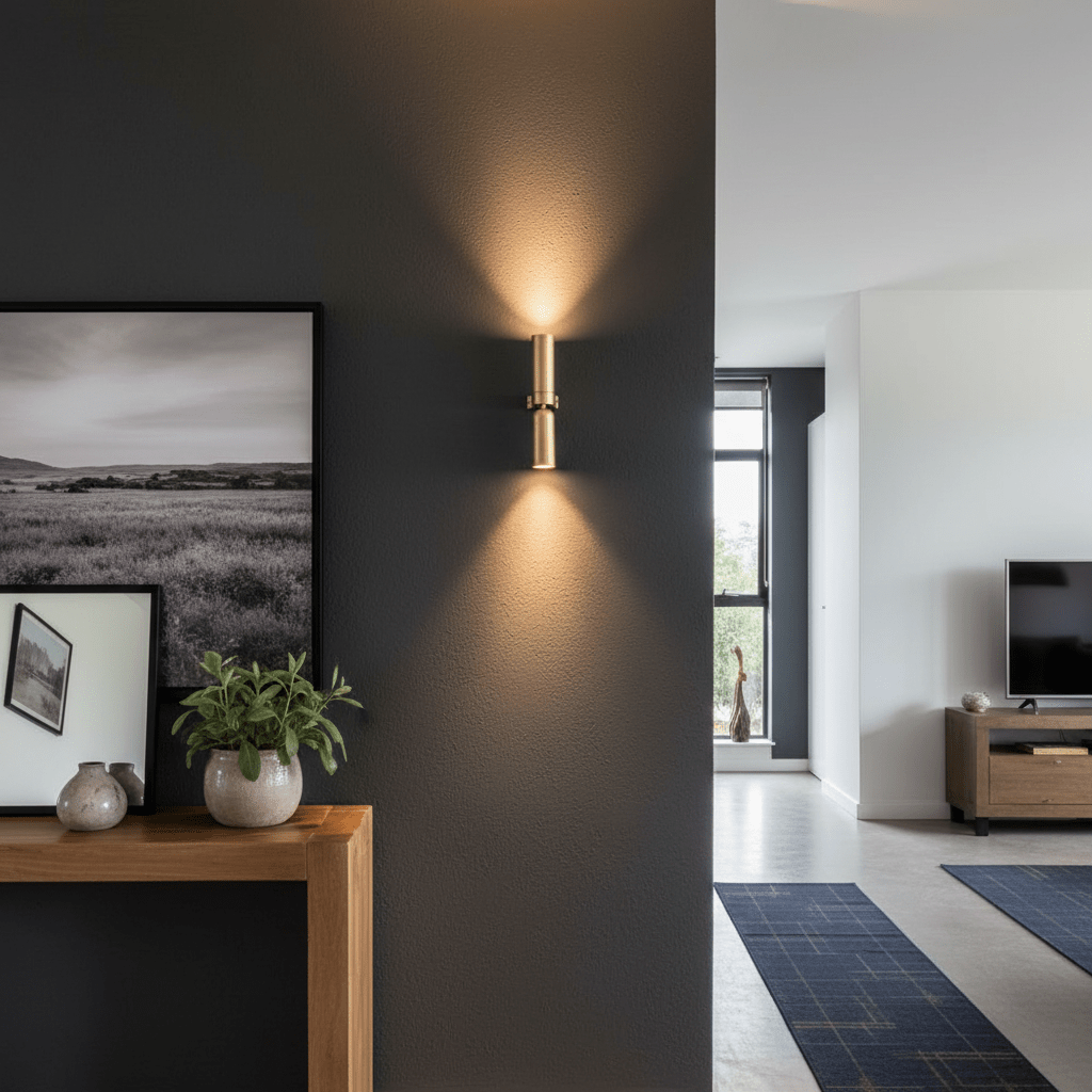 Banyan Gold Up & Down Wall Light illuminating a dark wall, framed artwork, and a wooden console table with decor.