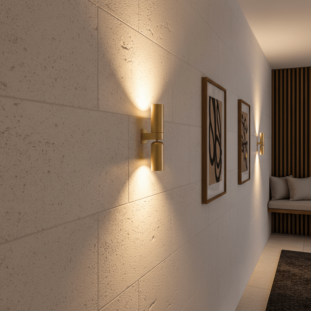 Banyan Gold Up & Down Wall Light illuminating a textured wall, flanked by framed artwork in a modern setting.