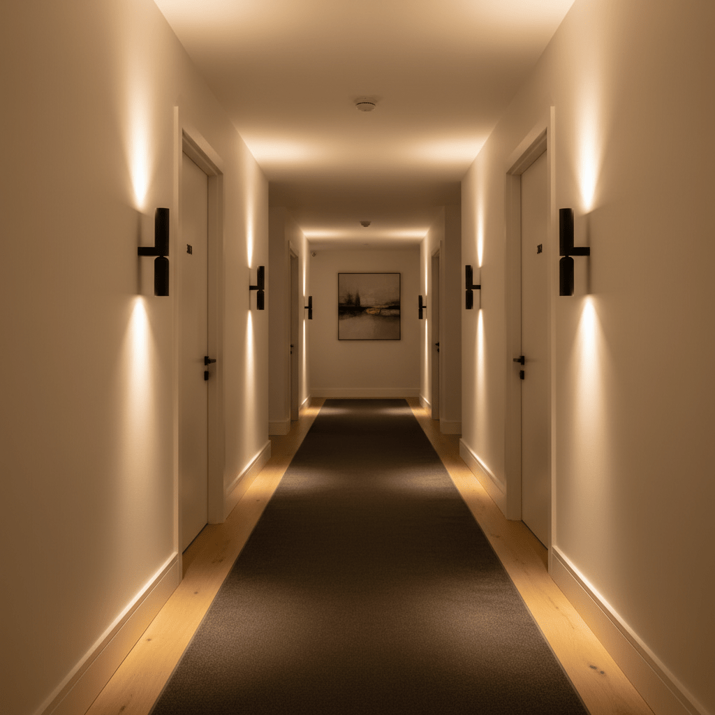 A well-lit hallway featuring the Banyan Black Up & Down Wall Light mounted on the walls, highlighting the space.