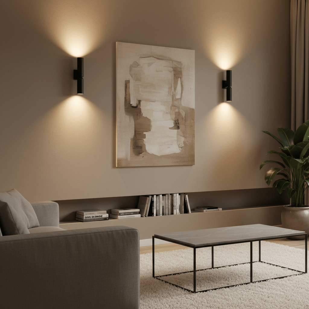Banyan Black Up & Down Wall Light illuminating a textured wall with artwork, complemented by a modern living room setup.