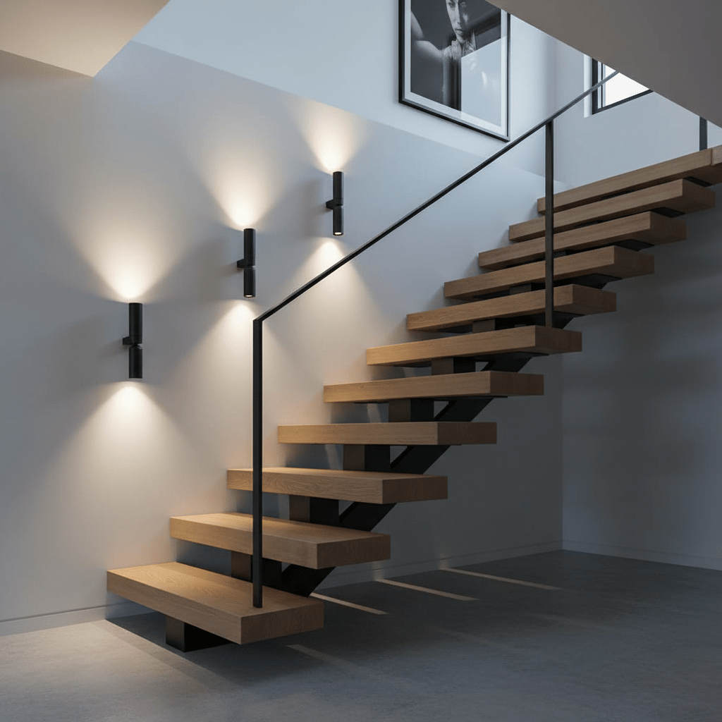 Stylish black up and down wall lights illuminating a modern staircase, enhancing the space's ambiance.