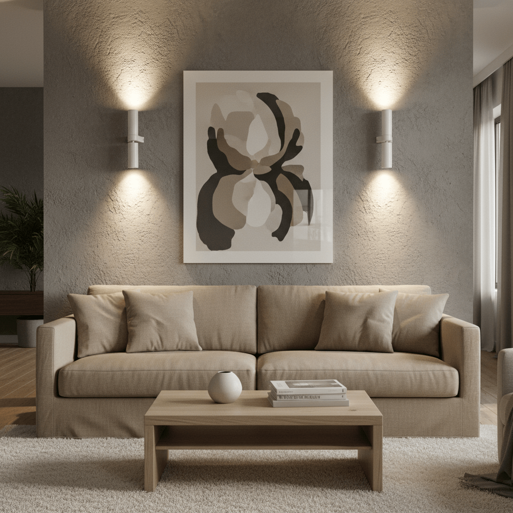 Modern indoor wall light illuminating a textured wall above a beige sofa with artwork.