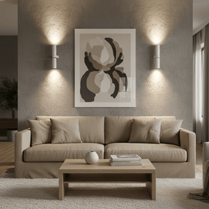 Modern indoor wall light illuminating a textured wall above a beige sofa with artwork.