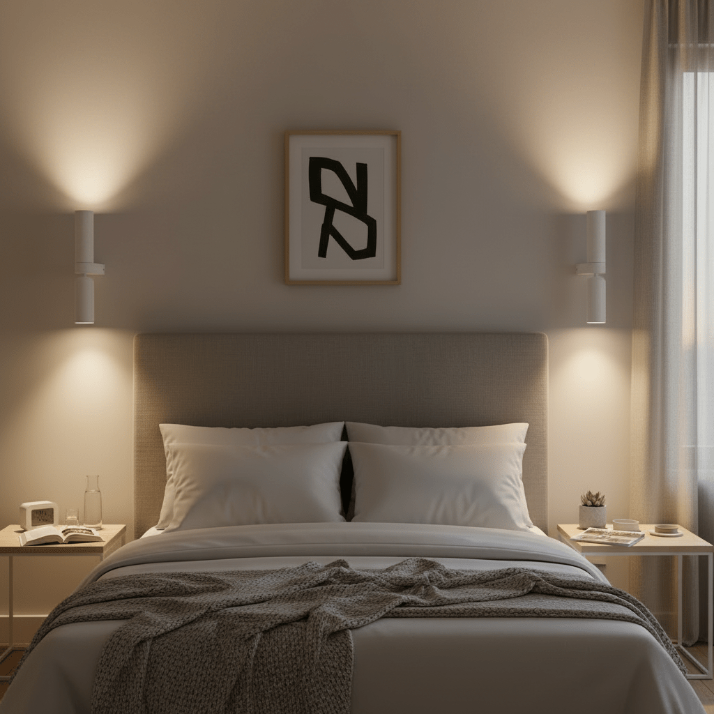 Banyan White Up & Down Wall Light illuminating a cozy bedroom with a bed, artwork, and bedside tables.