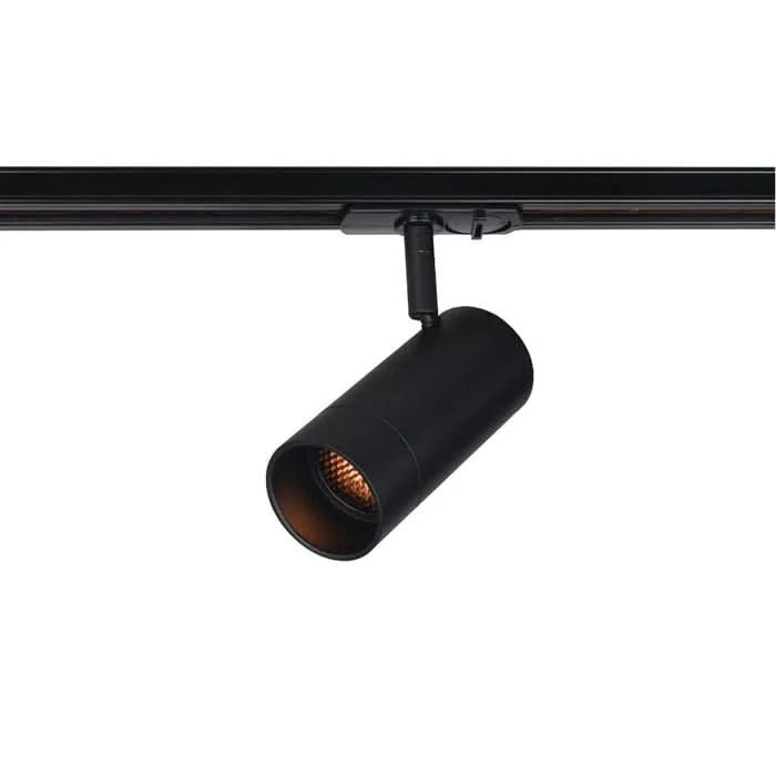 Black adjustable GU10 track spotlight mounted on a black track, showcasing modern design.