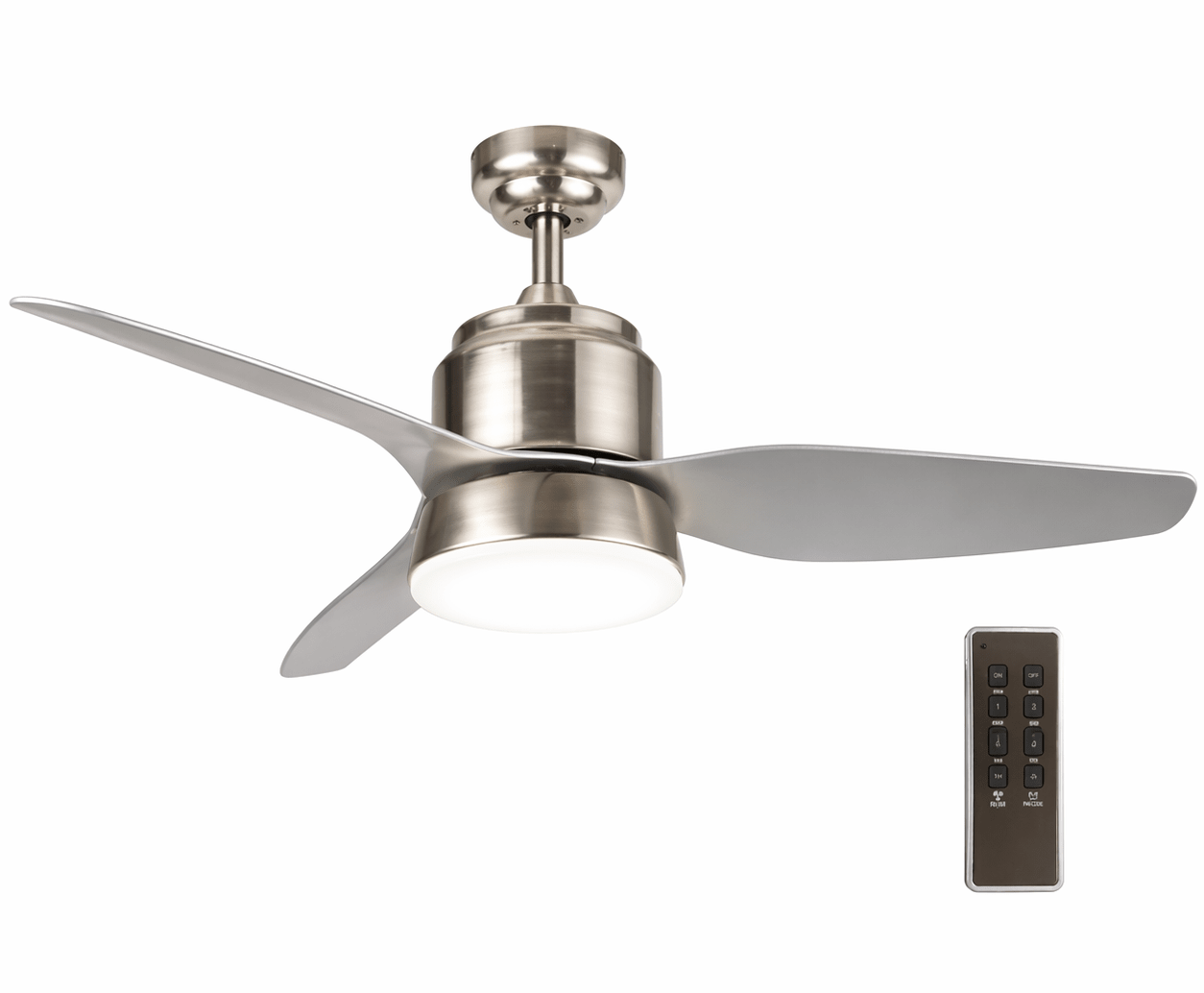 Ceiling fan with light and remote control on a white background