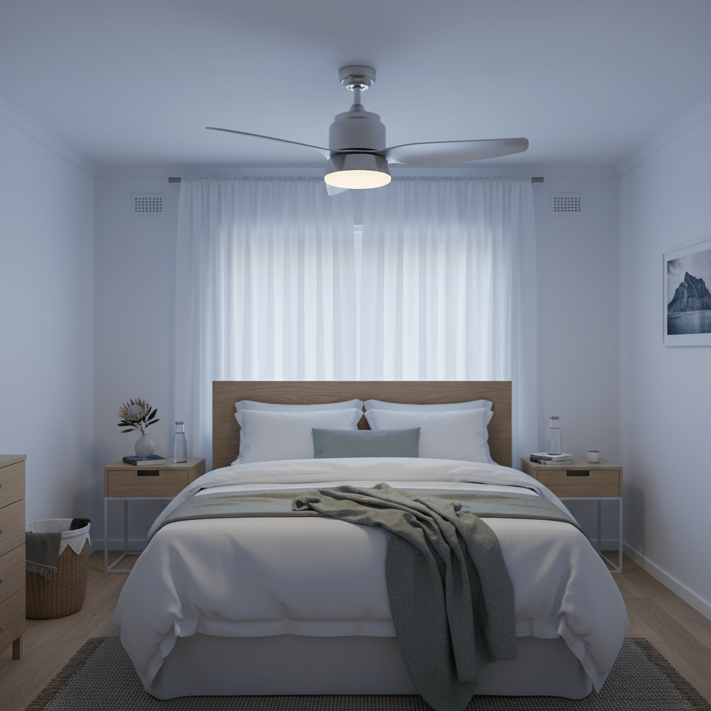 Satin chrome ceiling fan in a modern bedroom with soft lighting and cozy decor.